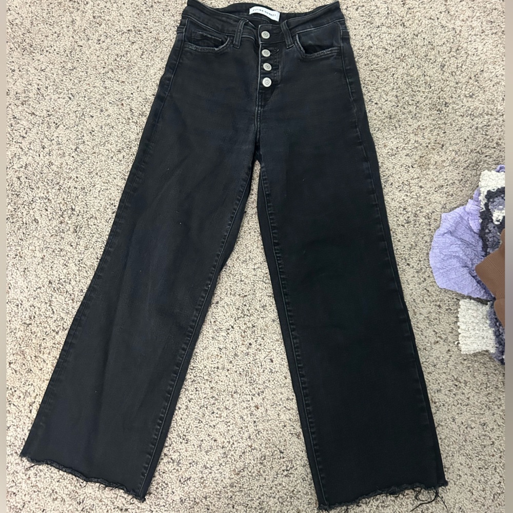 Flying Monkey Black High-Rise Wide Leg Jeans with Button Fly Cropped